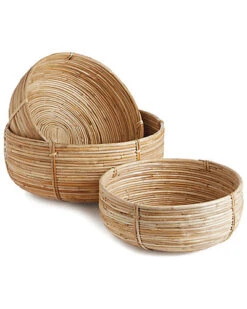 Set Of 3 Cane Rattan Low Baskets