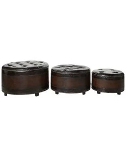 Set Of 3 Traditional Round Wood Storage Ottoman Home