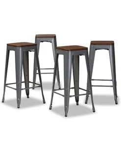 Horton Modern & Contemporary Grey Metal & Walnut Brown Finished Wood 4-Piece Bar Stool Set Home