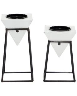 Set Of 2 White Metal Modern Candle Holders Home