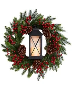 28in Berries And Pine Artificial Christmas Wreath With Lantern And Included LED Candle Home