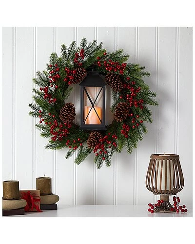28in Berries And Pine Artificial Christmas Wreath With Lantern And Included LED Candle Home 2 28in Berries And Pine Artificial Christmas Wreath With Lantern And Included LED Candle Home - Image 2