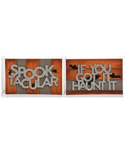 Set Of 2 Wood 16in Orange Halloween Spooky Dimensional Signs Home