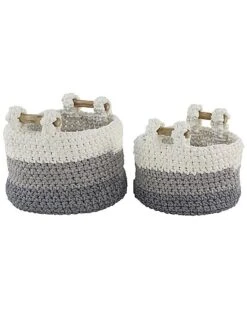 Set Of 2 Bohemian Round White Polyester Storage Basket Home