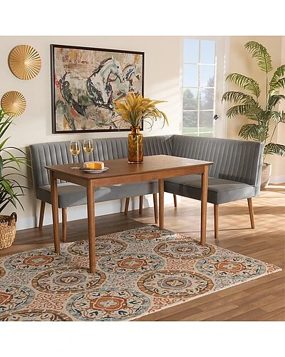 Baxton Studio Alvis Mid-Century Modern Velvet Upholstered 3Pc Dining Nook Set Home 2 Baxton Studio Alvis Mid-Century Modern Velvet Upholstered 3Pc Dining Nook Set Home - Image 2