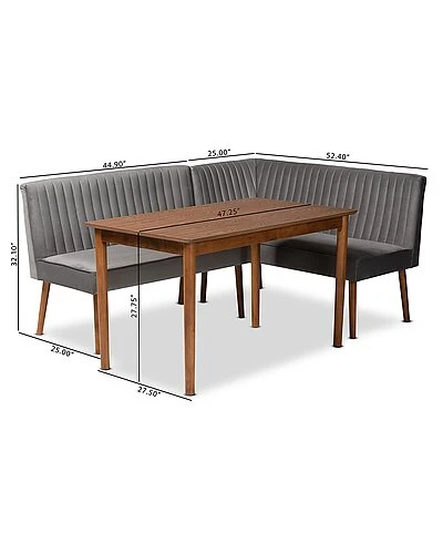 Baxton Studio Alvis Mid-Century Modern Velvet Upholstered 3Pc Dining Nook Set Home 3 Baxton Studio Alvis Mid-Century Modern Velvet Upholstered 3Pc Dining Nook Set Home - Image 3