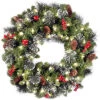National Tree Company 24in Crestwood Spruce Wreath With Silver Bristle, Cones, Cones, Red Berries & Glitter With 50 Battery LED Home