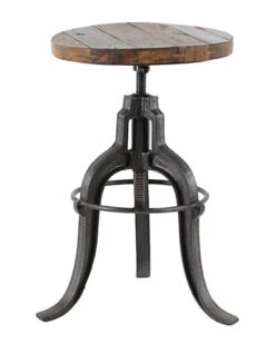 Round Brown Iron & Teak Wood Stool Home