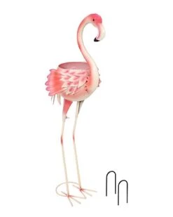 Pink Flamingo Metal Outdoor Garden Statue With Flowerpot Home