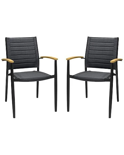 Portals Outdoor Black Aluminum Stacking Dining Chair With Teak Arms, Set Of 2 Home 1 Portals Outdoor Black Aluminum Stacking Dining Chair With Teak Arms, Set Of 2 Home