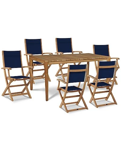Line 7-Piece Rectangular Teak Outdoor Dining Set With Blue Textilene Fabric Home 1 Line 7-Piece Rectangular Teak Outdoor Dining Set With Blue Textilene Fabric Home