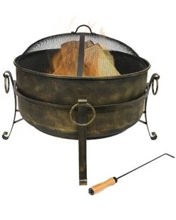 24in Fire Pit Steel With Black Finish Cauldron Style With Spark Screen Home