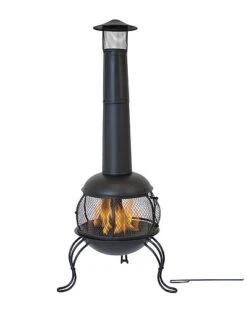 66in Chiminea Wood-Burning Fire Pit Steel Black Finish And Rain Cap Home