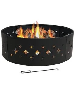 36in Wood-Burning Fire Ring Steel With Diamond Cut Out Design And Poker Home
