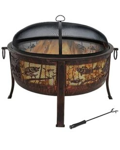 30in Fire Pit Steel With Northwoods Fishing Design And Spark Screen Home